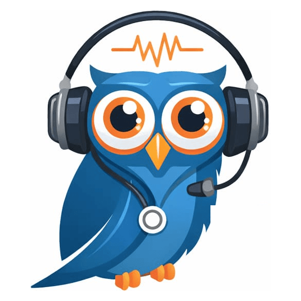 The OWL mascot: a blue owl wearing a headset and stethoscope.